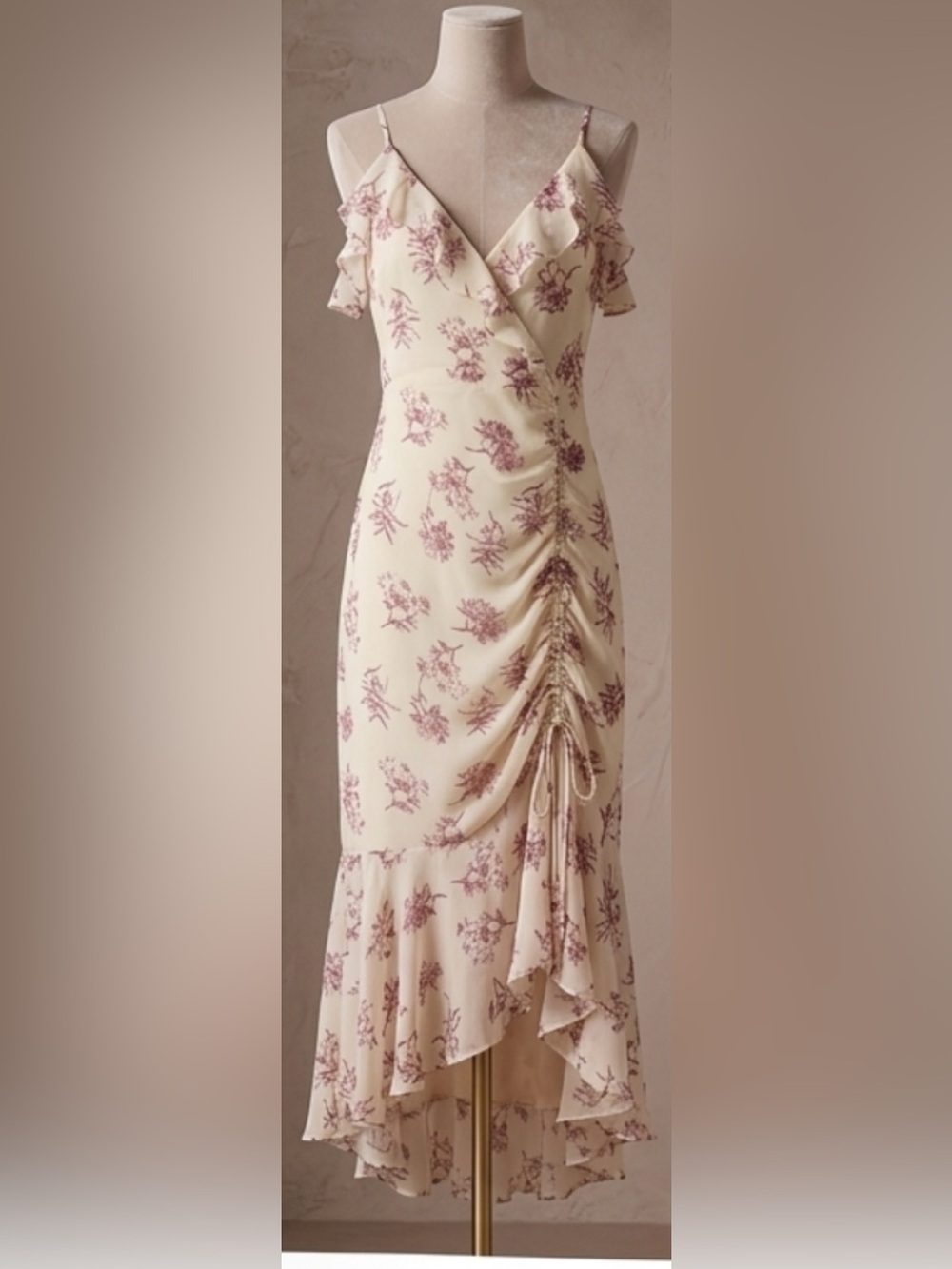 Lush Floral Cold-Shoulder Ruched Ruffle High-Low Midi Dress, Size Small